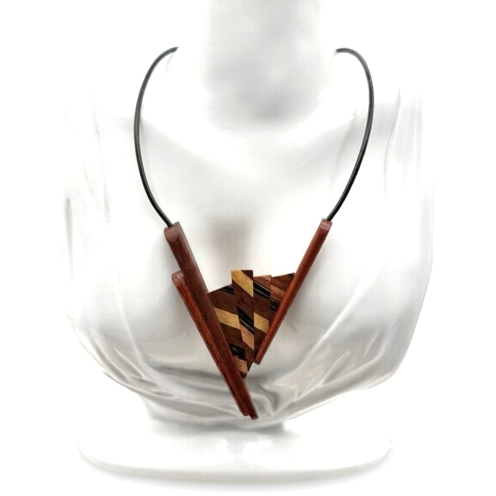 Handmade Wood Marquetry Pendant Necklace Signed Geometric Chevron Inlay Cord 16"